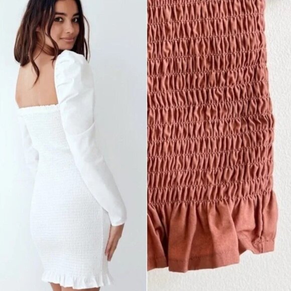 WILFRED ARITZIA Maelys Brown Cotton Poplin Puff Sleeve Smocked Dress | Size Larg - Picture 1 of 9